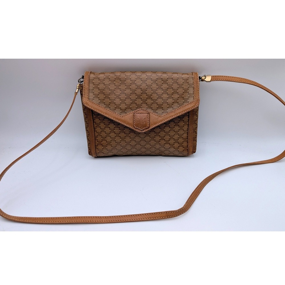 Celine Paris Vintage Macadam Monogram Crossbody Bag Tan Brown Leather Trim
